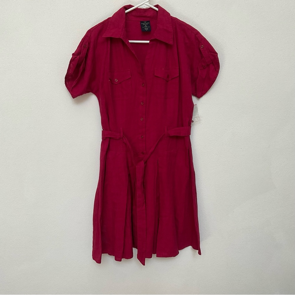 NWT Faded Glory Pink Button Down Polo A-Line Dress Size 8-10 Waist Tie Jewel